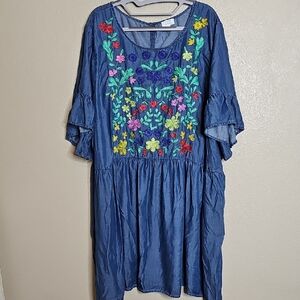 Crown & Ivy 3X Embroidered Blue Chambray Ruffle Sleeve Dress